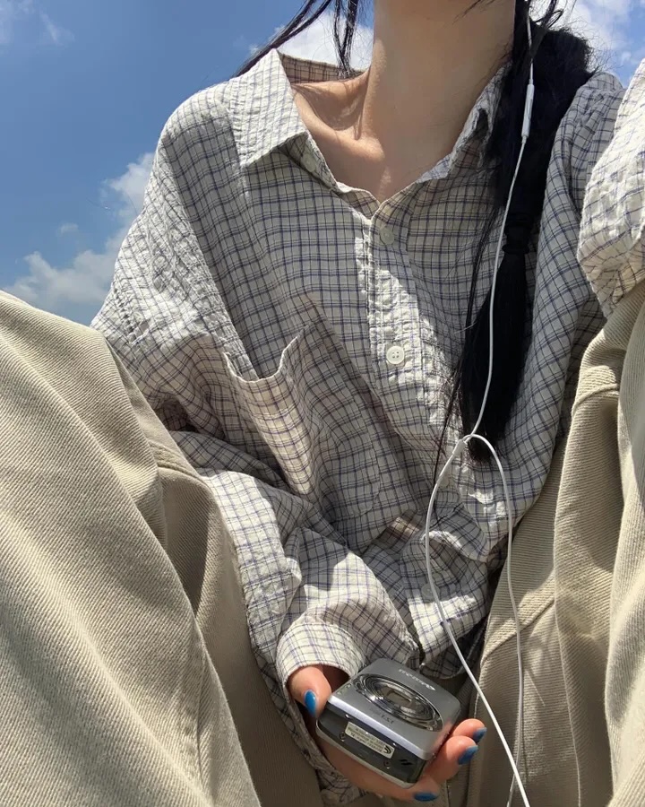 皱褶感格纹长袖polo衬衫女慵懒宽松外套衬衫