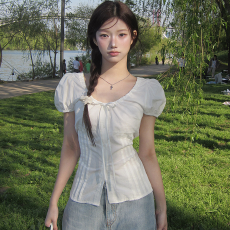 批发法式甜美小个子衬衫女<b class='q'>夏</b>季修身显瘦短袖上衣