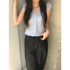 批发褶边条纹可露肩两穿性感吊带衬衫