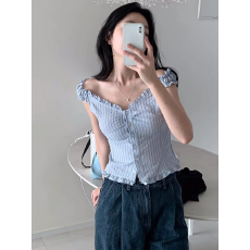 批发夏日褶边条纹可露肩两穿衬衫