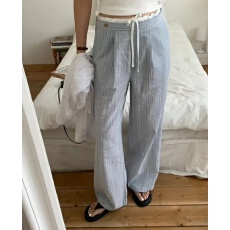 批发条纹复古通勤慵懒风系带休闲裤女