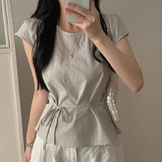 批发chic<b class='q'>韩版</b>圆领收腰系绳<b class='q'>衬衫</b>