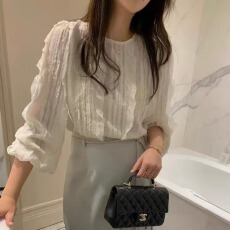 批发韩国东大门2025甜美竖条纹<b class='q'>蕾丝</b>花边长袖<b class='q'>衬衫</b>