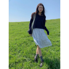 批发格纹蛋糕裙a字高腰松紧腰层次感中<b class='q'>长裙</b>子