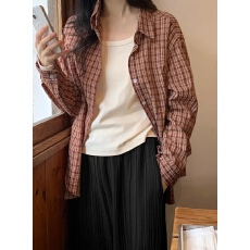 批发早秋百搭宽松格子复古衬衫衬衣