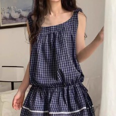 批发夏季<b class='q'>新款</b>韩系甜美格子无袖背心抽绳连衣裙