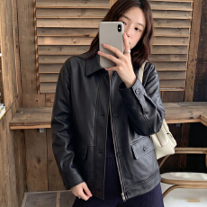批发Chic<b class='q'>春</b>新款女装休闲拉链口袋宽松显瘦翻领PU皮皮衣外套女