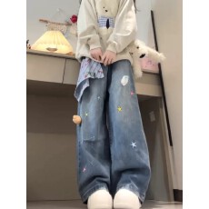 批发美式复古水洗卡通披帘牛仔裤女宽松显瘦小众设计感阔腿弯刀裤子潮