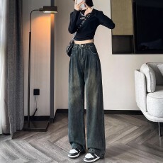 批发水泥灰阔腿时尚牛仔<b class='q'>裤</b>女秋季2026新款<b class='q'>显瘦</b>褶皱直筒拖地美拉德<b class='q'>裤</b>子