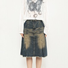 批发大码女装美式复古牛仔半身裙女新款褶皱设计感小众高腰a字裙官图