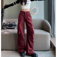 批发<b class='q'>大码</b>秋季美式高街炸街安可拉红色工装牛仔裤女秋痞雅辣妹宽松