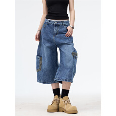 批发大码大口袋弯刀工装<b class='q'>牛仔</b><b class='q'>短裤</b>女春秋季新款宽松高街休闲七分裤网图