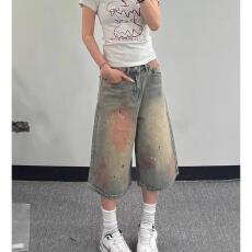 批发大码<b class='q'>牛仔</b><b class='q'>短裤</b>女夏季美式街头脏染水洗做旧设计百搭宽松七分裤网图