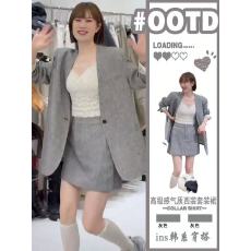批发欧货大码灰色西装套装女2026新款V领中<b class='q'>长款</b>西服外套半身裙两件套