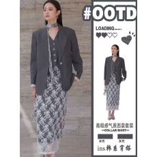 批发欧货休闲灰色西装套装女春2026新款<b class='q'>马甲</b>西服外套蕾丝半身裙三件套
