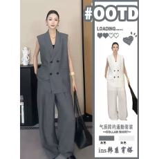 批发欧洲站灰色西装马甲套装女2026新款V领收腰<b class='q'>西服</b>马夹阔腿裤两件套