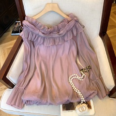 批发上实拍~烟紫色一字肩<b class='q'>衬衫</b>女春木耳系带<b class='q'>长袖</b><b class='q'>衬衣</b>法式高级雪纺上衣