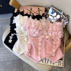 批发上实拍~粉色流苏花朵背心女<b class='q'>秋</b>纯欲辣妹一字肩鱼骨抹胸小上衣绝美