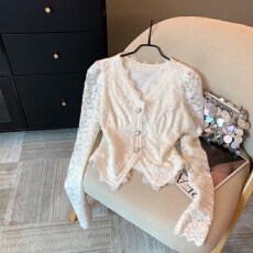 批发上实拍~法式v领勾花黑色蕾丝衫女2025秋泡泡<b class='q'>长袖</b>开衫内搭显瘦上衣