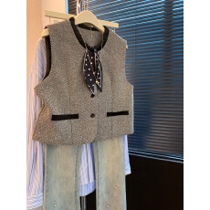 批发上实拍~老钱丝巾灰色西装马甲女秋冬设计感背心法式坎肩马夹<b class='q'>外套</b>