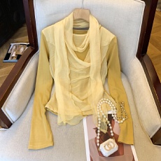 批发上实拍~美拉德挂脖飘带衬衫女秋款设计感长袖打底衫辣妹掐腰显瘦