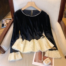 批发上实拍~赫本风法式重工亮片丝绒衬衫女秋喇叭长袖打底衫花苞上衣