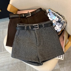 批发上实拍~老钱风咖色毛呢阔腿短裤女秋冬美拉德显瘦热裤靴裤配腰带