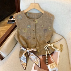 批发上实拍~灰色提花小香风西装马甲女秋季丝巾腰带背心法式坎肩<b class='q'>外套</b>