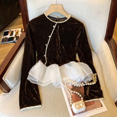 批发上实拍~新中式国风丝绒衬衫女2025秋款下摆荷叶边拼接打底衫气质