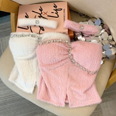 批发上实拍~水貂绒镶钻挂脖吊带背心<b class='q'>秋</b>冬纯欲一字肩毛毛抹胸上衣内搭