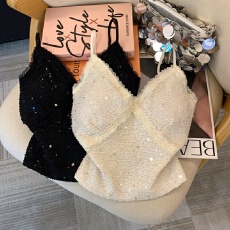 批发上实拍~带胸垫蕾丝边吊带背心女法式亮片修身短款内搭秋<b class='q'>冬</b>季上衣