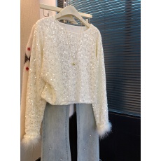 批发上实拍~重工亮片名媛风毛毛袖上衣秋<b class='q'>冬</b>气质减龄显瘦设计感打底衫