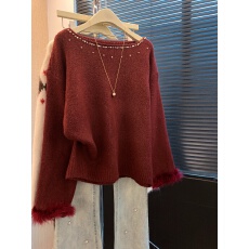 上实拍~高级感钉珠红色水貂绒针织毛衣女2025秋冬新款慵懒风上衣