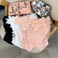 批发上实拍~粉色流苏花朵背心女纯欲辣妹一字肩鱼骨抹胸上衣泰式绝美