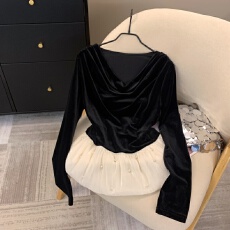 批发上实拍~法式不规则丝绒<b class='q'>衬衫</b>女2026新款秋冬高级拼接荷叶边短上衣