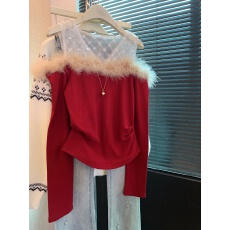 上实拍~千金假两件亮片网纱长袖t恤女纯欲一字肩毛毛领上衣打底衫