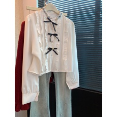 上实拍~法式轻奢气质闪闪亮片立领长袖衬衫春季2026蝴蝶结单排扣