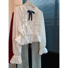 上实拍~法式重工钉珠领蝴蝶结喇叭袖衬衫春季2026木耳边压褶上衣