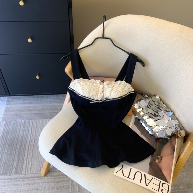 MY17743# 纯欲风蕾丝拼接花边吊带胸衣黑色背心女春夏收腰显瘦内搭女裝貨源服裝批發