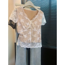 上实拍~法式高级感蕾丝V领蝴蝶结短袖上衣2026早春修身显瘦打底衫