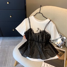 批发上实拍~韩系波点吊带短袖<b class='q'>恤</b>两件女设计感甜美撞色娃娃衫别致上衣