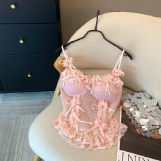批发上实拍~法式纯欲粉色立体花朵吊带背心内搭外穿设计感绝美短上衣