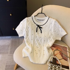 批发上实拍~小香风蝴蝶结烫钻短袖针织衫女夏千金感重工韩系绝美上衣