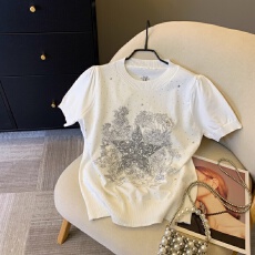 批发上实拍~法式千金小香重工刺绣五角星烫钻针织短袖女夏设计感上衣