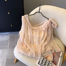 批发上实拍~miu系粉色波点系带背心女2026夏超仙减龄雪纺衬衫<b class='q'>无袖</b>上衣