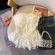 批发上实拍~纯欲辣妹性感蕾丝拼接不规则飘带抹胸背心女重工<b class='q'>裙摆</b><b class='q'>上衣</b>