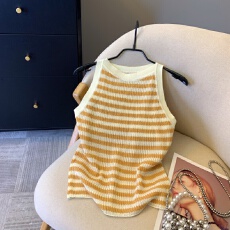 上实拍~韩系休闲风条纹针织背心女辣妹别致削肩吊带外穿无袖上衣