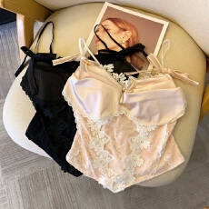批发上实拍~缎面蝴蝶结<b class='q'>性感</b>蕾丝拼接吊带背心女夏美背<b class='q'>文胸</b>一体带胸垫