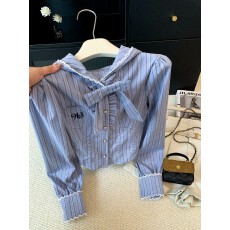 批发上实拍~法式条纹蝴蝶结连帽衬衫女秋季学院风减龄衬衣高级感<b class='q'>长袖</b>