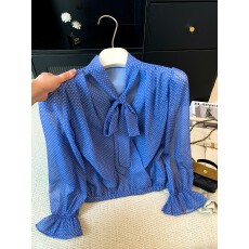 批发上实拍~蓝色波点轻薄V领衬衫女<b class='q'>长袖</b>春夏新款淑女衬衫上衣